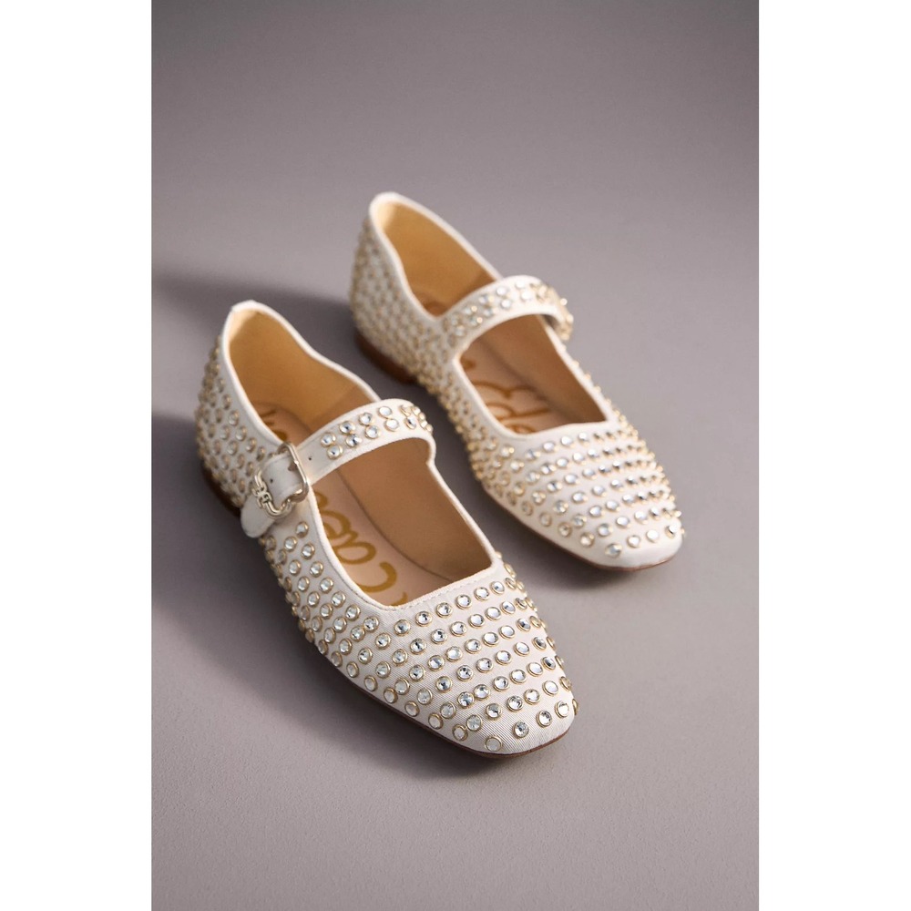 NWOB Sam Edelman Michaela Mary Jane Flats Sz 10 Ivory Crystal Studded Glam Chic